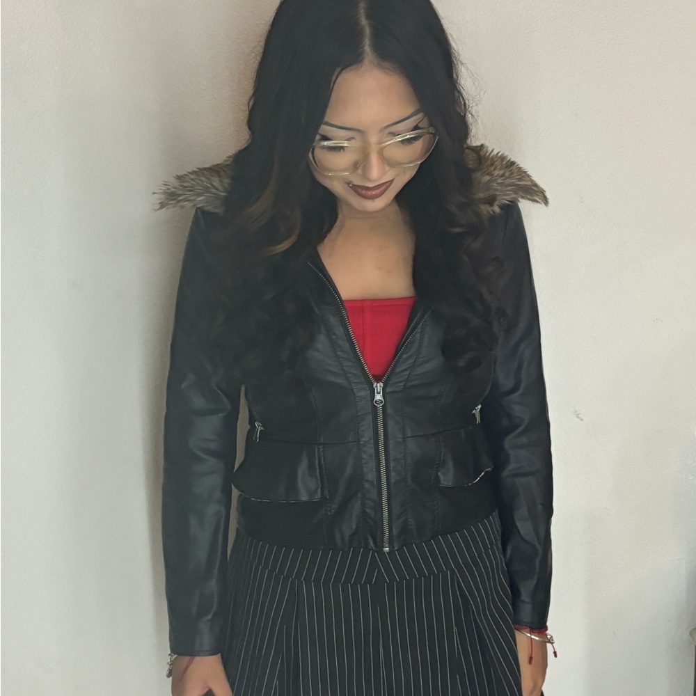 Black faux leather jacket with fur trim